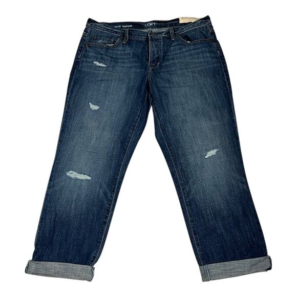 LOFT Jeans Women's 30/10 Blue Boyfriend Slouchy Fit Distressed Rolled Cuff NWT - Picture 1 of 7
